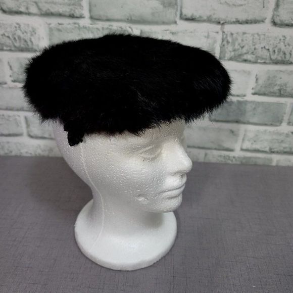 Vintage 50s 60s Black Mink Fur Hat Furry Halo Winter Fascinator Hat Sequin Side - Picture 4 of 8